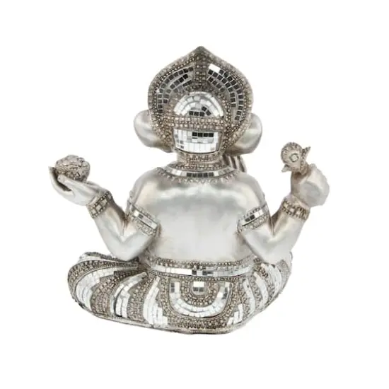 12" Silver Polystone Ganesh Meditating Sculpture {5}