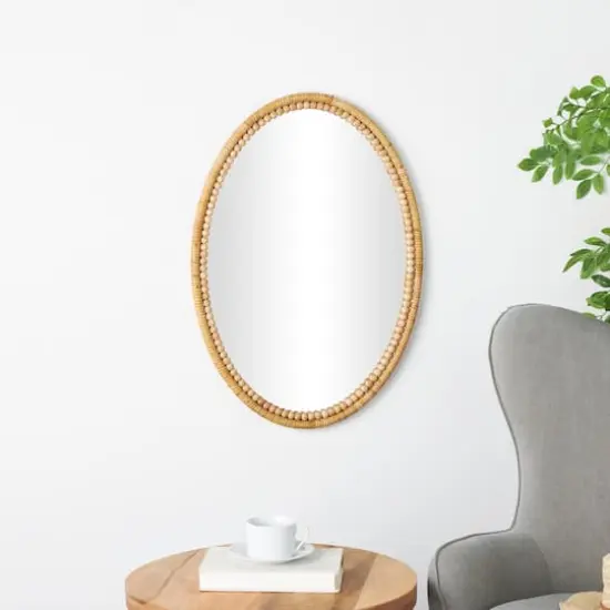 28" Brown Bamboo Wrapped Oval Wall Mirror with Beaded Frame Décor {4}