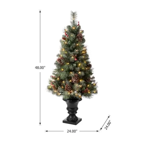 2 Pack 4ft. Pre-Lit Flocked Pinecone & Berry Fir Artificial Christmas Tree in Planter, Warm White Lights {9}