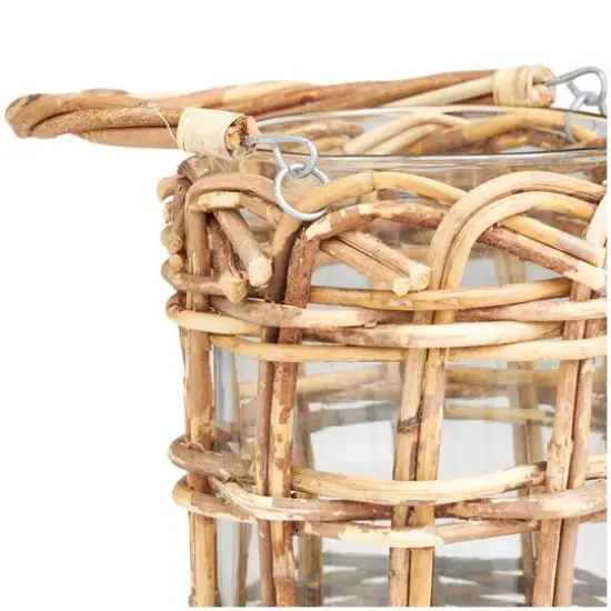 8" Clear Glass Handmade Candle Lantern with Brown Rattan Woven Exterior & Twisted Handle {4}