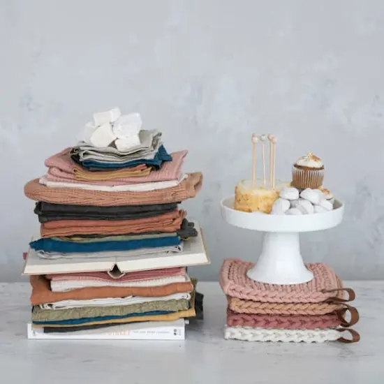 Hello Honey® Solid Color Cotton Crocheted Pot Holder with Leather Loop Handle Set {3}