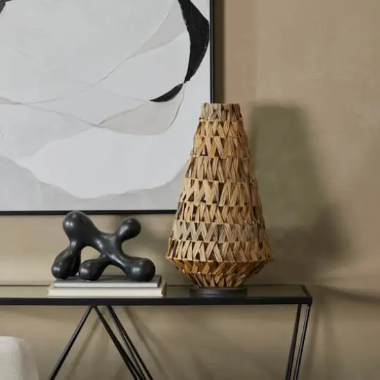 30" Light Brown Plastic Rattan Handmade Candle Lantern with Wrapped Zig Zag Design {8}