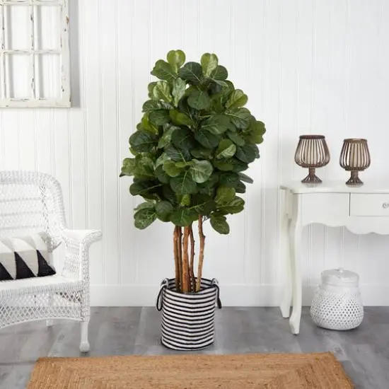5ft. Fiddle Leaf Fig Artificial Tree in Handmade Black and White Natural Jute and Cotton Planter {4}