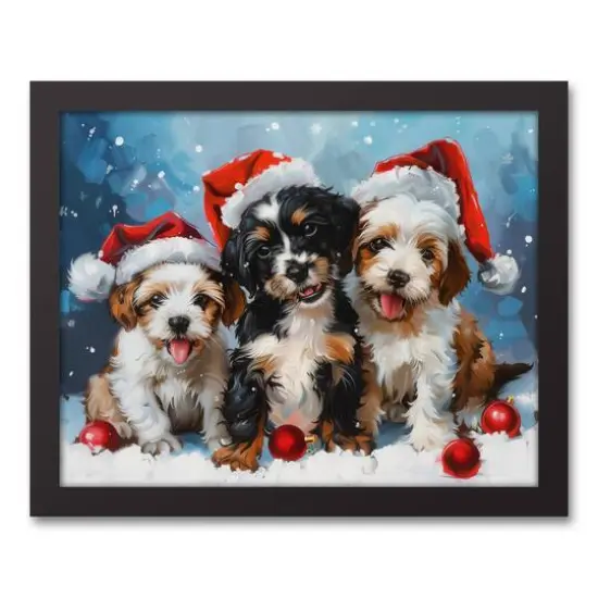 Christmas Puppies 15.73" x 12.73" Black Framed Canvas {1}