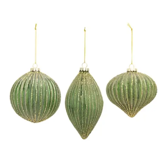 6ct. Green & Gold Stripes Glass Ornament Set {1}