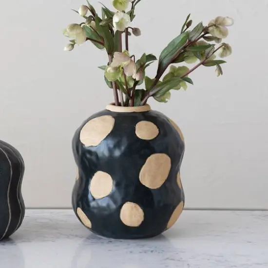 Hello Honey&reg; 8" Black & Cream Stoneware Vase with Wax Relief Dots {3}