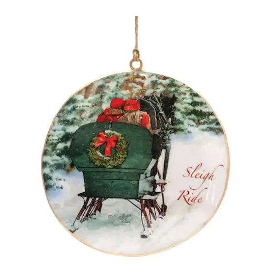 6 Pack 6" Couple Sleigh Ride Metal Disc Ornaments {1}