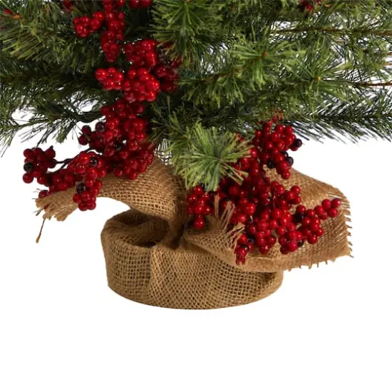3ft. Pre-Lit Pine Artificial Christmas Tree with Berries and Burlap Base, Warm White Lights {7}