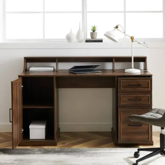 Walker Edison 58" Dark Walnut 3 Drawer Computer Desk with Hutch {7}