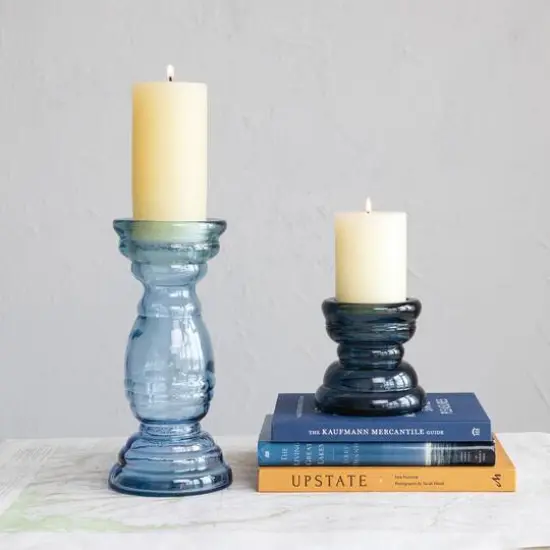 Hello Honey&reg; Blue Reclaimed Glass Pillar Candle Holder {3}