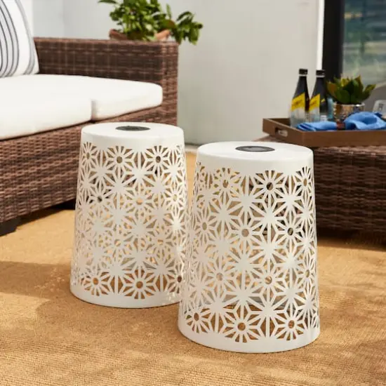 Glitzhome&reg; 17.5" Iron Geometric Pattern Solar Garden Stool Set White {3}