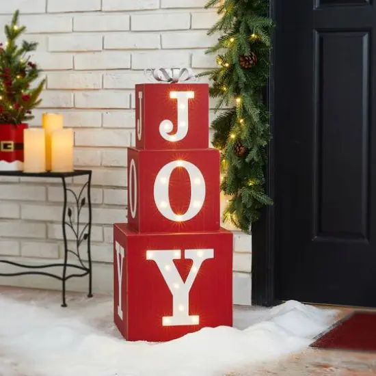 Glitzhome&reg; 32" Lighted Wooden Block JOY Porch Sign {3}