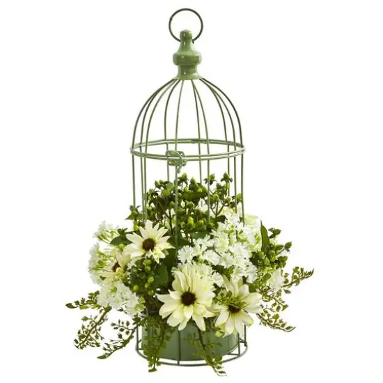 19" Cream Daisy Arrangement in Decorative Bird Cage {1}