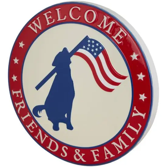 13.75" Welcome Friends & Family Patriotic Dog Metal Wall Sign {4}
