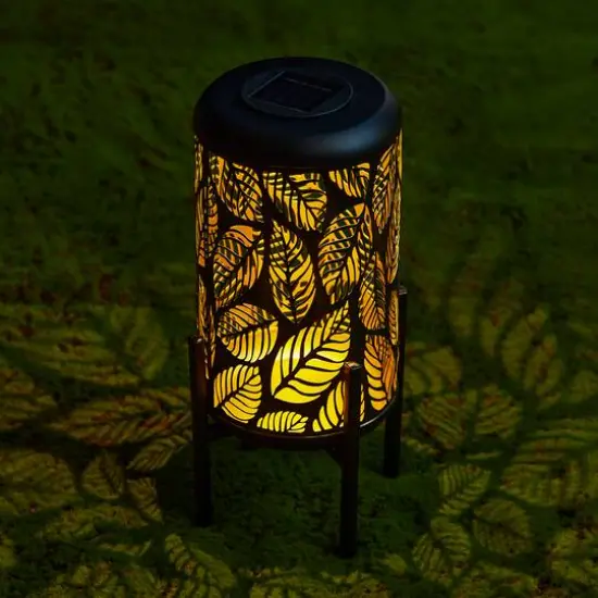 Glitzhome&reg; 14.25" Black Metal Cutout Leaves Pattern Solar Powered LED Outdoor Lantern {5}