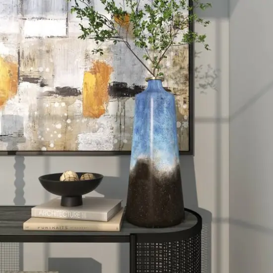 20" Blue Glass Galaxy Inspired Abstract Vase with Gold Top {10}