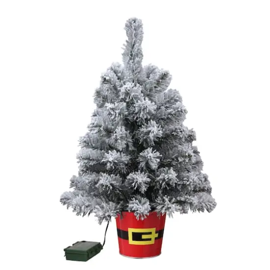 20" Pre-Lit Night Night&trade; Snowy Flocked Pine Artificial Tabletop Christmas Tree in Santa Belt Base, Clear LED Lights {1}
