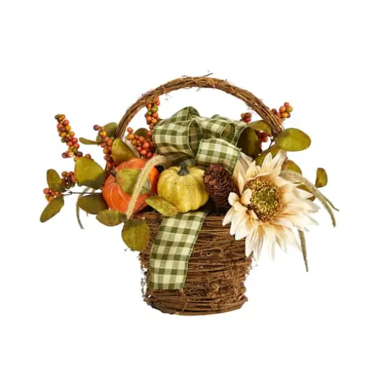 16" Pumpkin, Gourds & Berries Autumn Arrangement In Twig Basket {1}