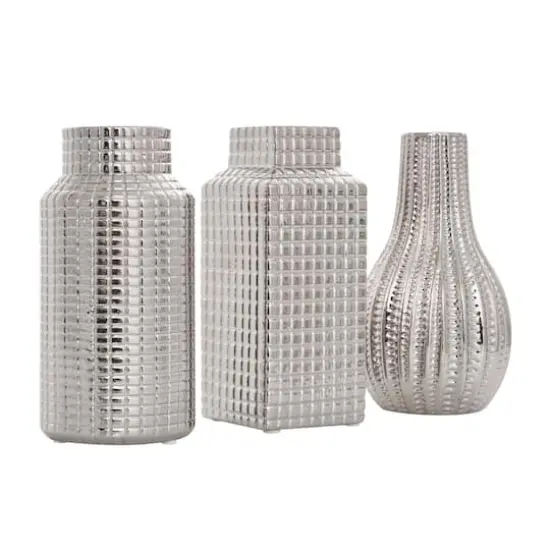 Silver Ceramic Geometric Dimensional Textured Vase Set with Varying Shapes & Grid Patterns {4}