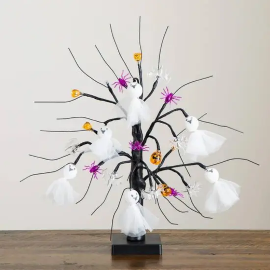 18in. Pre-Lit Artificial Halloween Ghost Dolls, Spiders, Bats & Pumpkins 24 LED Lighted Ornament Tree {8}
