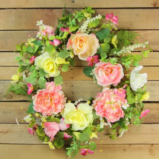 22" Pink & Yellow Rose & Peony Floral Artificial Spring Wreath {4}