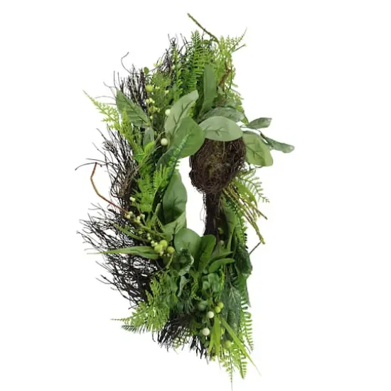 24" Green & Brown Mixed Foliage Artificial Spring Wreath with Nest {3}