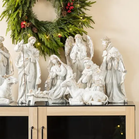 Glitzhome&reg; 10-Piece Ivory & Gold Resin Nativity Figurine Set {5}