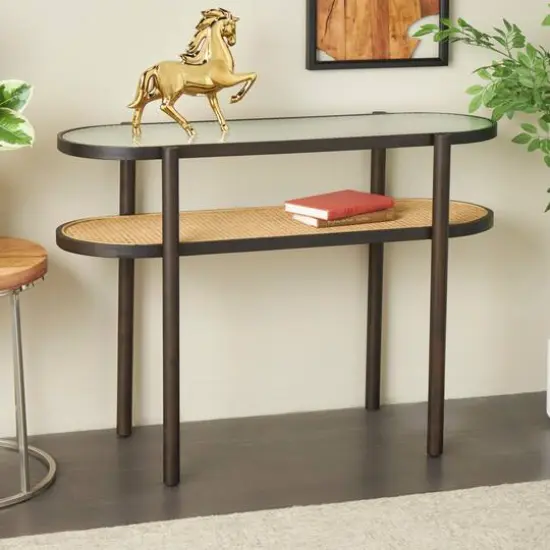 Brown Rattan Console Table with Pressed Tempered Glass Top {10}