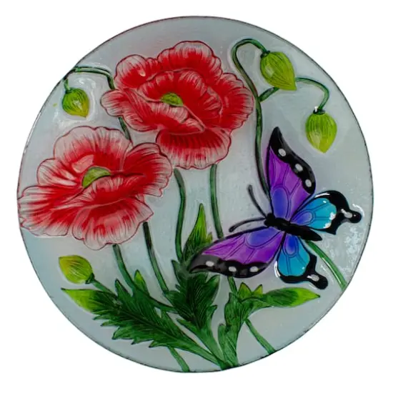 21'' Butterfly and Carnations Hand Painted Glass Birdbath {4}