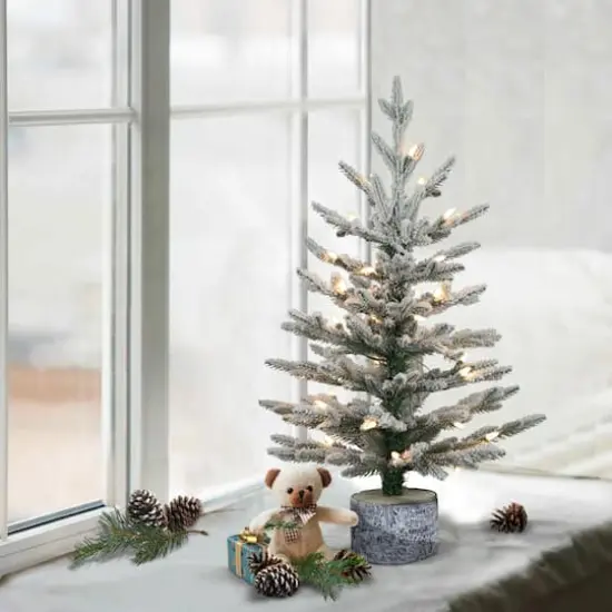 2ft. Pre-Lit Potted Flocked Pencil Arctic Fir Artificial Christmas Tree, Clear Lights {4}