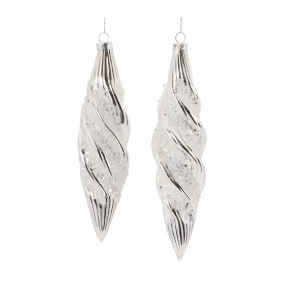 Beaded Silver Teardrop Swirl Glass Ornament Set {1}