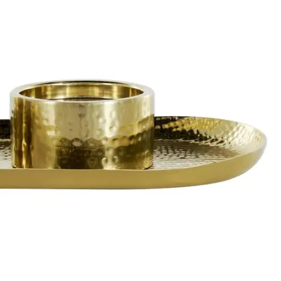 16" Gold Stainless Steel Metal Hammered Candle Holder with Oval Tray Plate {5}
