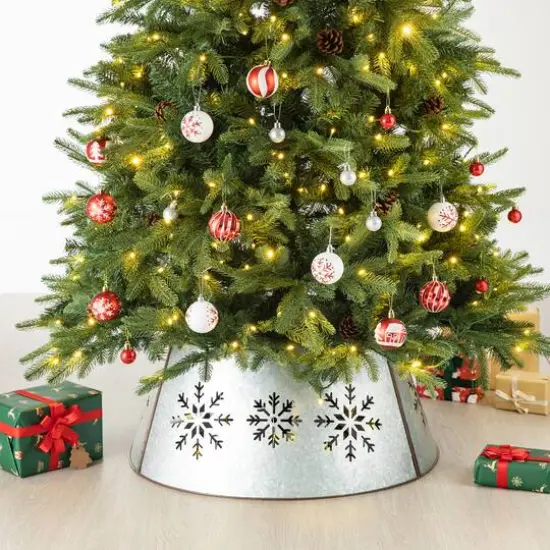 Glitzhome&reg; Silver 26" LED Snowflake Cutout Metal Tree Collar {3}