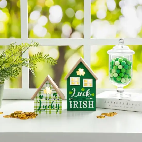 Glitzhome&reg; Lighted St. Patrick's Wooden House Table D&eacute;cor Set {3}