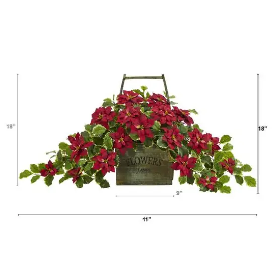 18&rdquo; Red Poinsettia & Variegated Holly Artificial Plant in Vintage Decorative Basket {3}