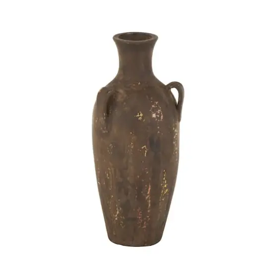 24.5" Dark Brown Ceramic Antique Style Distressed Decorative Vase with Handles {4}