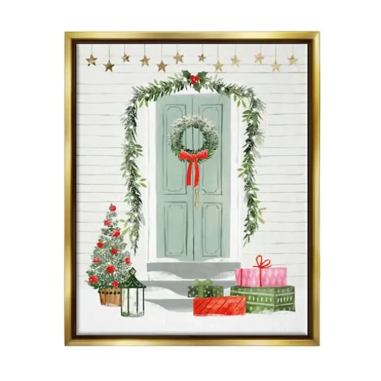 Stupell Industries Christmas Presents Wreath Doorstep Framed Floater Canvas Wall Art Black {1}
