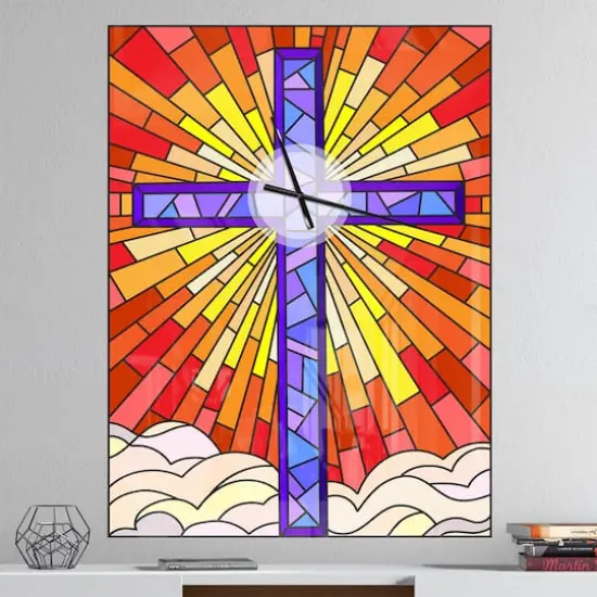 Designart 'Holy Cross Stained Glass Style Rustic Rectangular Wall Clock {3}