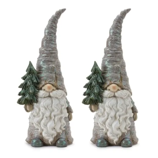 13.5" Pine Tree Trunk Gnome Statue Set {1}