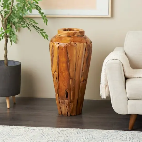 Brown Teak Wood Handmade Tall Floor Vase with Mosaic Live Edge {3}