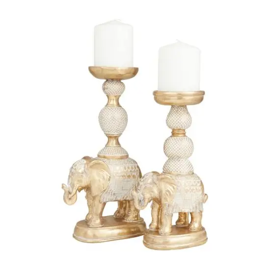 Set of 2 Gold Polystone Traditional Candle Holders, 13" x 6" x 4" {3}