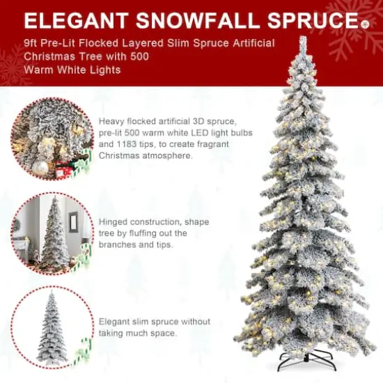 9ft. Pre-Lit Flocked Layered Spruce Artificial Christmas Tree, Warm White LED Lights {9}