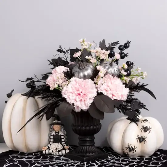 17" Pretty Morbid Pink Carnation Halloween Centerpiece in Black Urn {3}