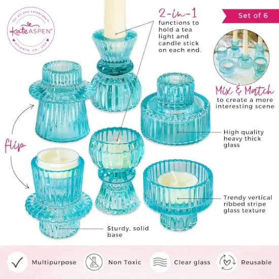 Kate Aspen&reg; Assorted Vintage Ribbed Blue Glass Candlestick Candle Holder Set {7}