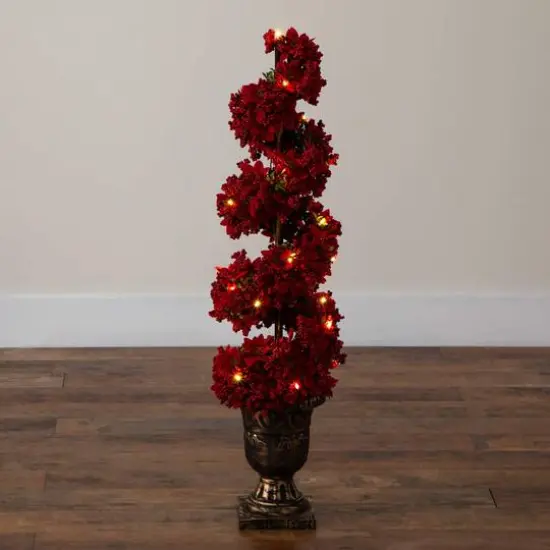 3ft. Pre-Lit Artificial Christmas Poinsettias and Berries Spiral Topiary Tree with 30 Warm White LED Lights {8}