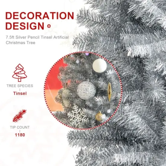 7.5ft. Unlit Silver Pencil Tinsel Artificial Christmas Tree {6}