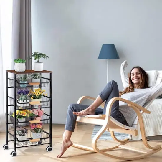 Black 5-Tier Metal Wire Basket Shelf Kitchen Storage Rolling Cart {6}