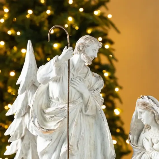 Glitzhome&reg; 5-Piece White & Gold Resin Holy Family with Christmas Trees Set {4}