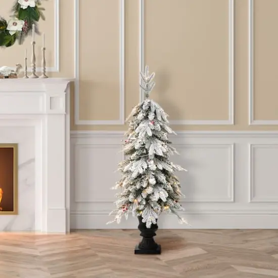 2 Pack 4ft. Pre-Lit Flocked Red Berry Fir Artificial Christmas Porch Tree in Urn, Warm White Lights {5}