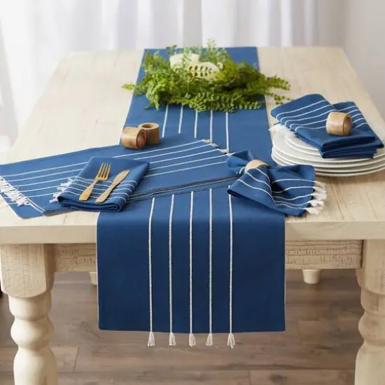 DII&reg; 108" Striped Tassel Table Runner Navy/Off White {7}